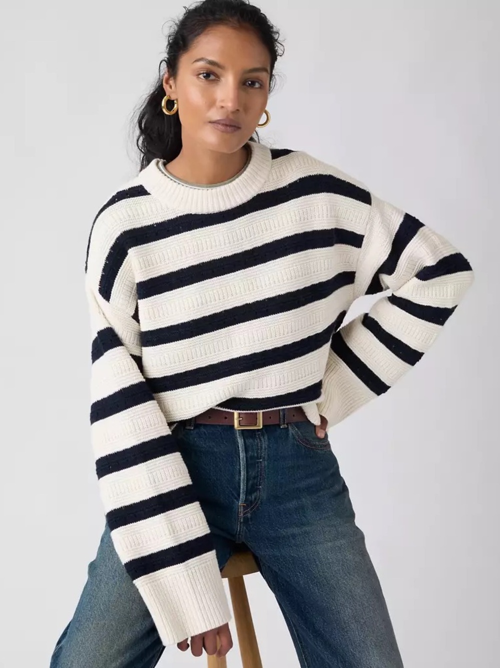 Leviβs Candide Cream & Navy Striped Relaxed Fit Cable Knit Crewneck Sweater SM